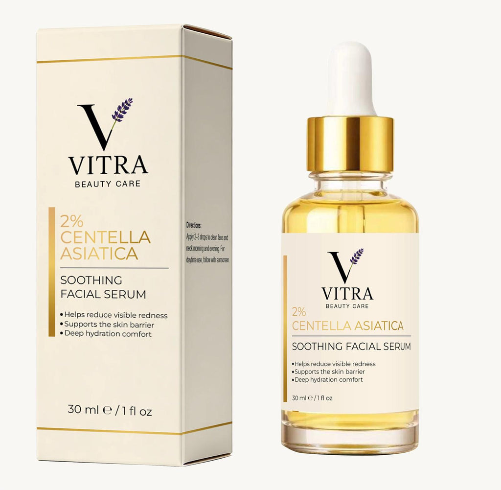 VITRA 2% Centella Asiatica Soothing Facial Serum 30ml bottle with ivory and gold packaging — redness relief serum for sensitive skin