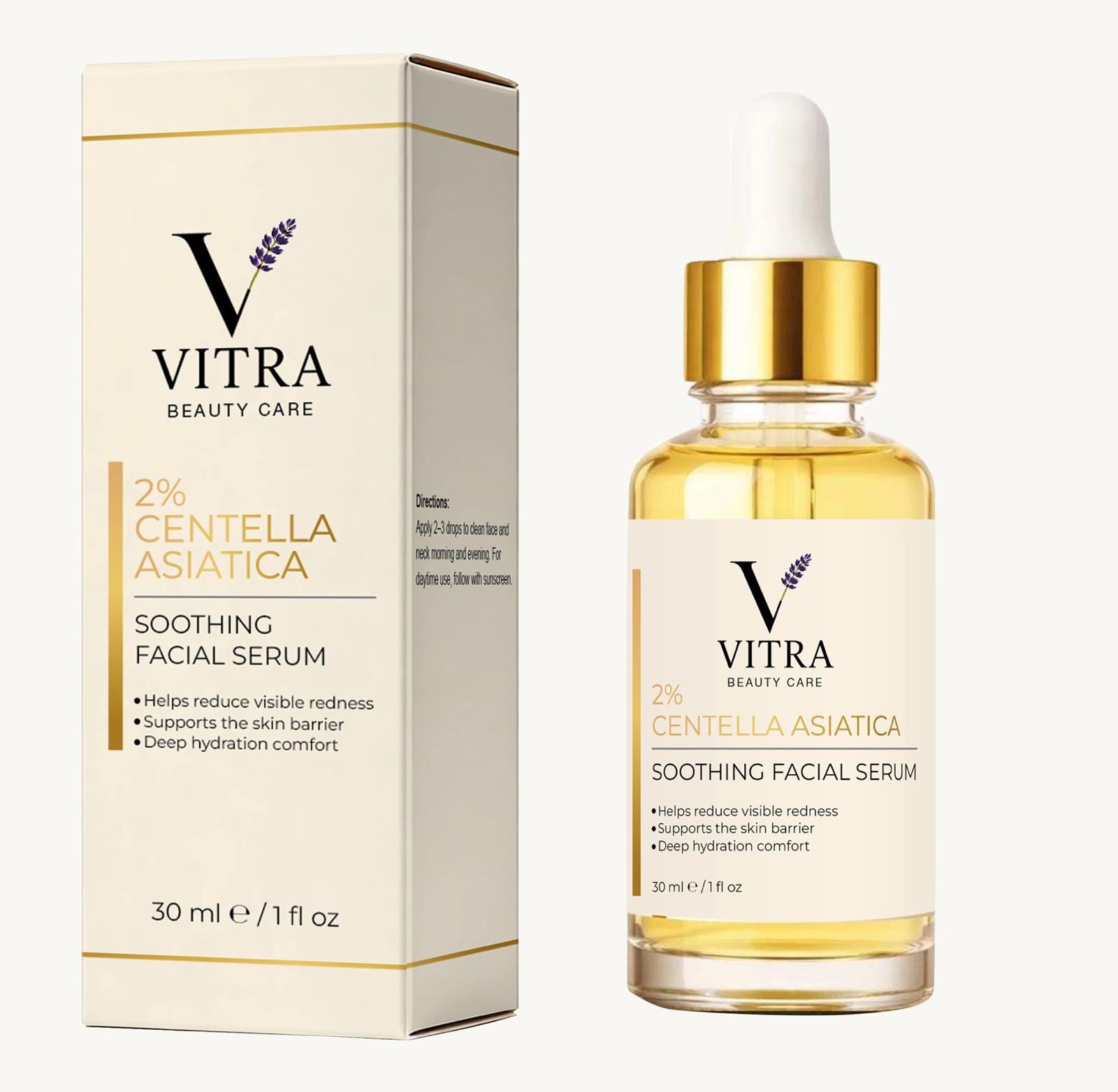 VITRA 2% Centella Asiatica Soothing Facial Serum 30ml bottle with ivory and gold packaging — redness relief serum for sensitive skin